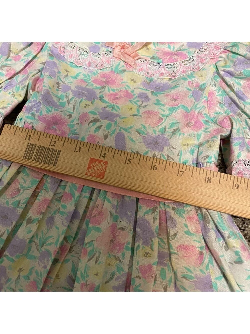 Vintage Little Girl Cotton Dress 80s 90s Floral Pink Purple Ribbon Tie - Picture 6 of 9